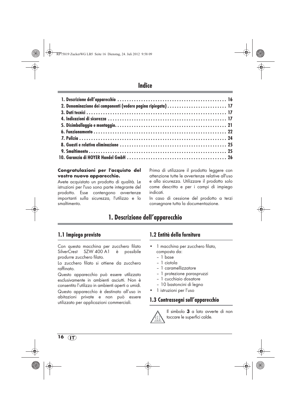 Indice, Descrizione dell’apparecchio | Silvercrest SZW 400 A1 User Manual | Page 18 / 66