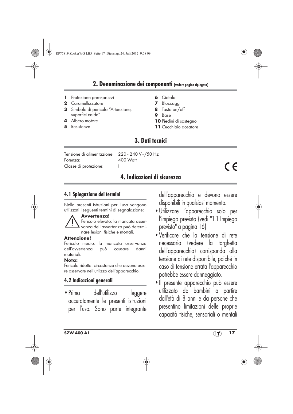 Denominazione dei componenti, Dati tecnici, Indicazioni di sicurezza | Silvercrest SZW 400 A1 User Manual | Page 19 / 66