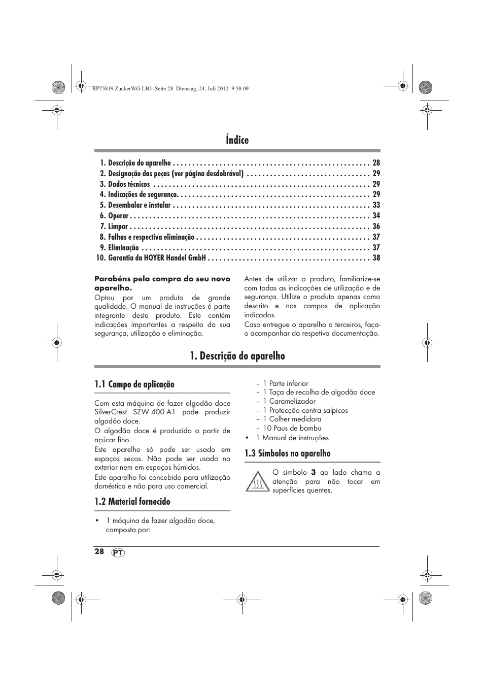 Índice, Descrição do aparelho | Silvercrest SZW 400 A1 User Manual | Page 30 / 66