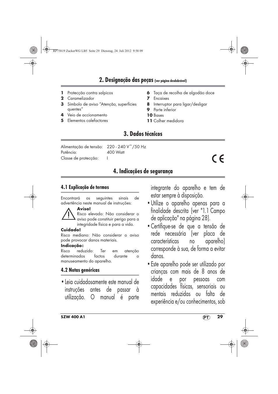 Designação das peças, Dados técnicos, Indicações de segurança | Silvercrest SZW 400 A1 User Manual | Page 31 / 66