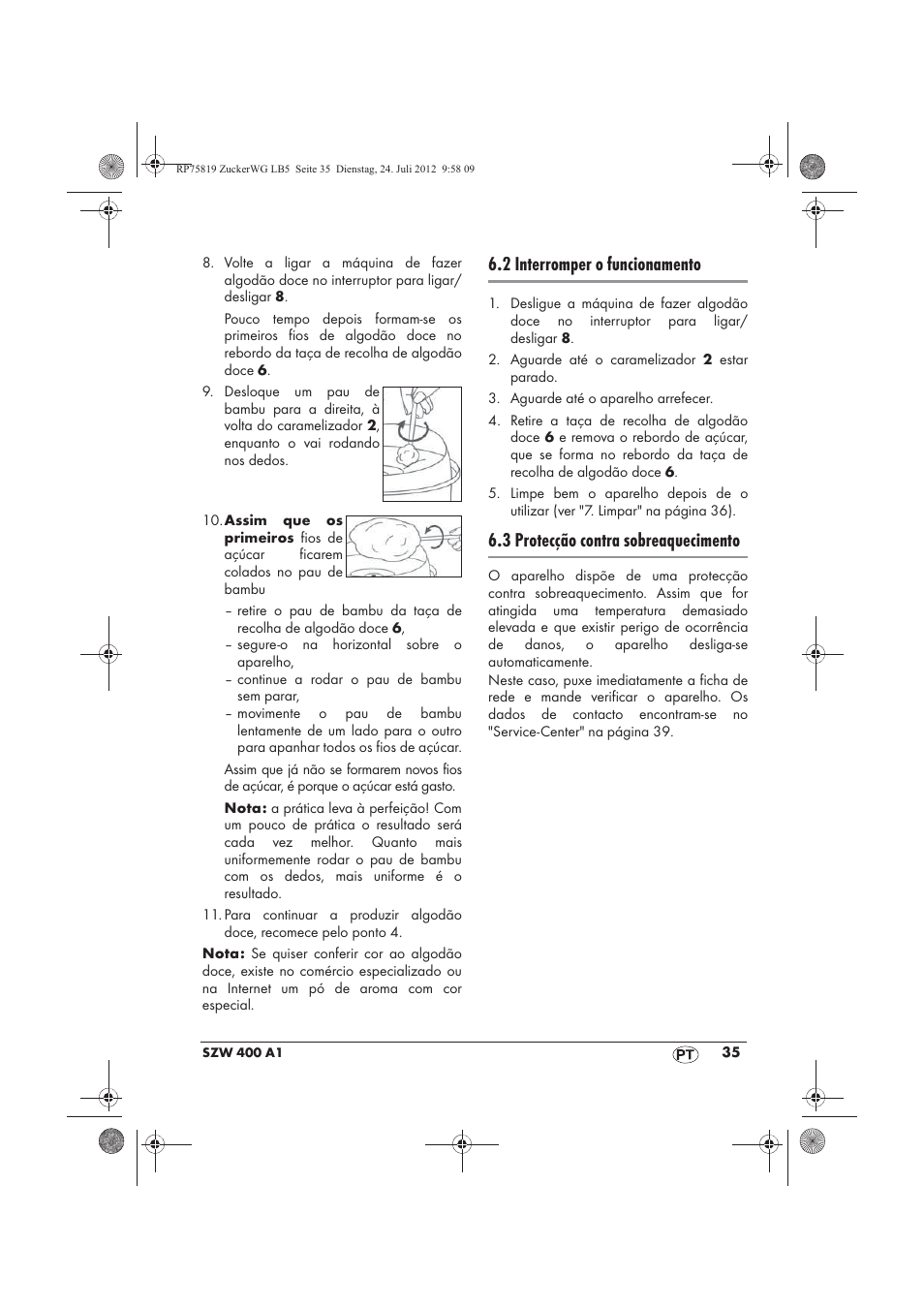 2 interromper o funcionamento, 3 protecção contra sobreaquecimento | Silvercrest SZW 400 A1 User Manual | Page 37 / 66