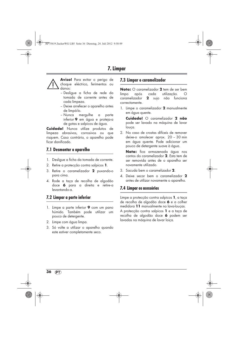 Limpar, 1 desmontar o aparelho, 2 limpar a parte inferior | 3 limpar o caramelizador, 4 limpar os acessórios | Silvercrest SZW 400 A1 User Manual | Page 38 / 66