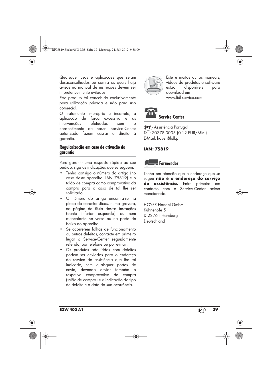 Regularização em caso de ativação da garantia, Service-center, Fornecedor | Silvercrest SZW 400 A1 User Manual | Page 41 / 66