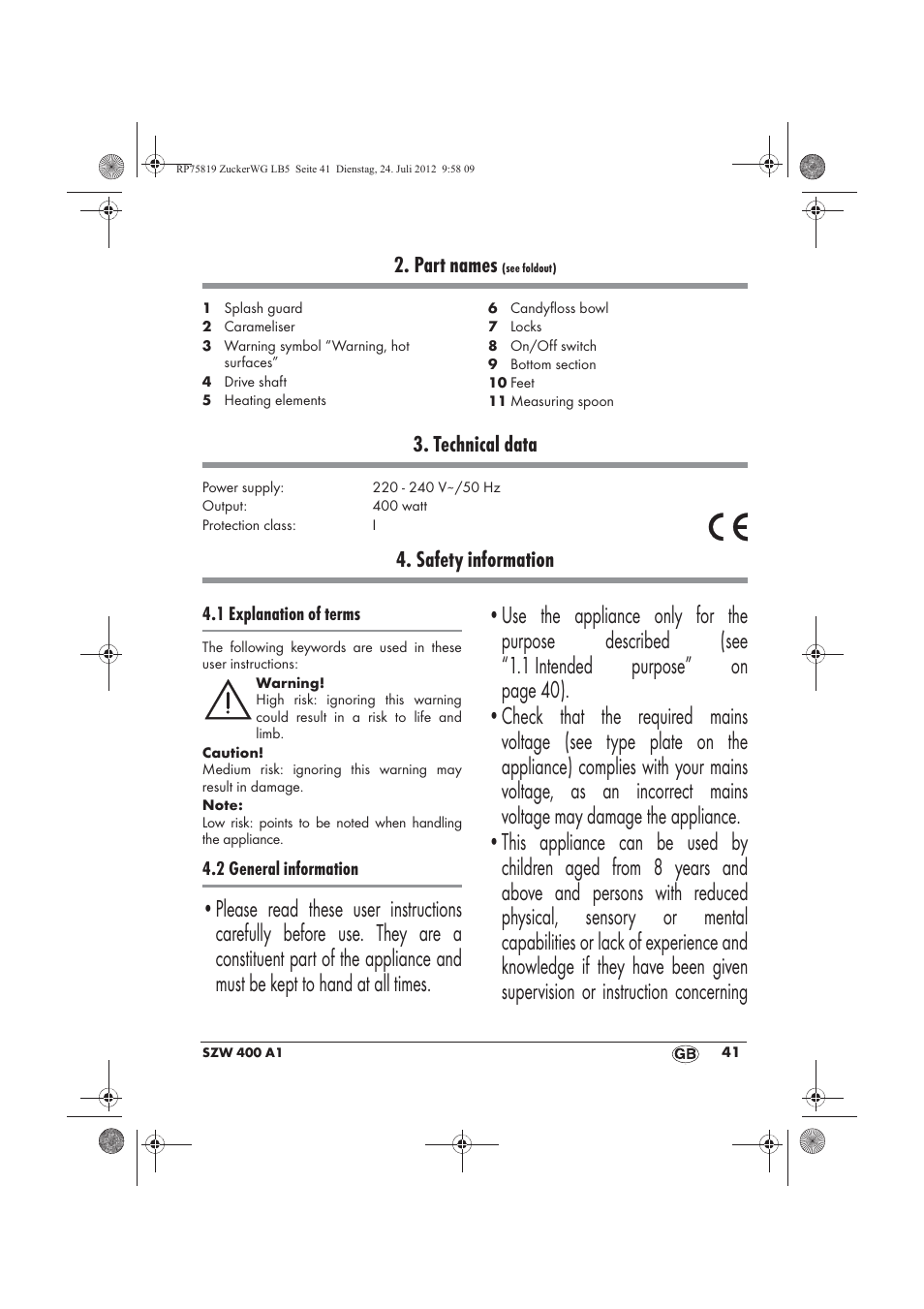 Part names, Technical data, Safety information | Silvercrest SZW 400 A1 User Manual | Page 43 / 66