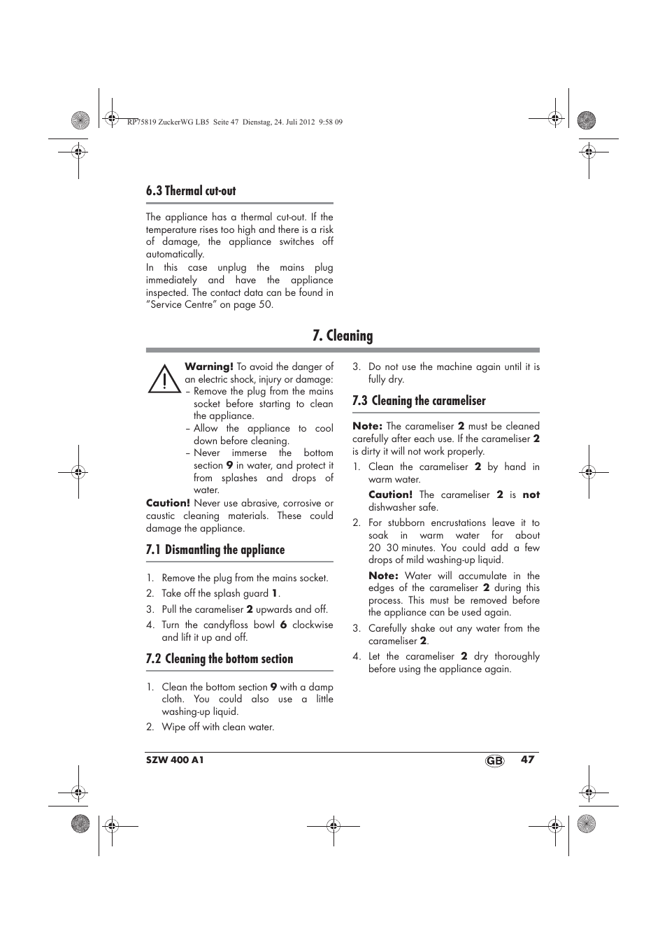 Cleaning, 3 thermal cut-out, 1 dismantling the appliance | 3 cleaning the carameliser | Silvercrest SZW 400 A1 User Manual | Page 49 / 66