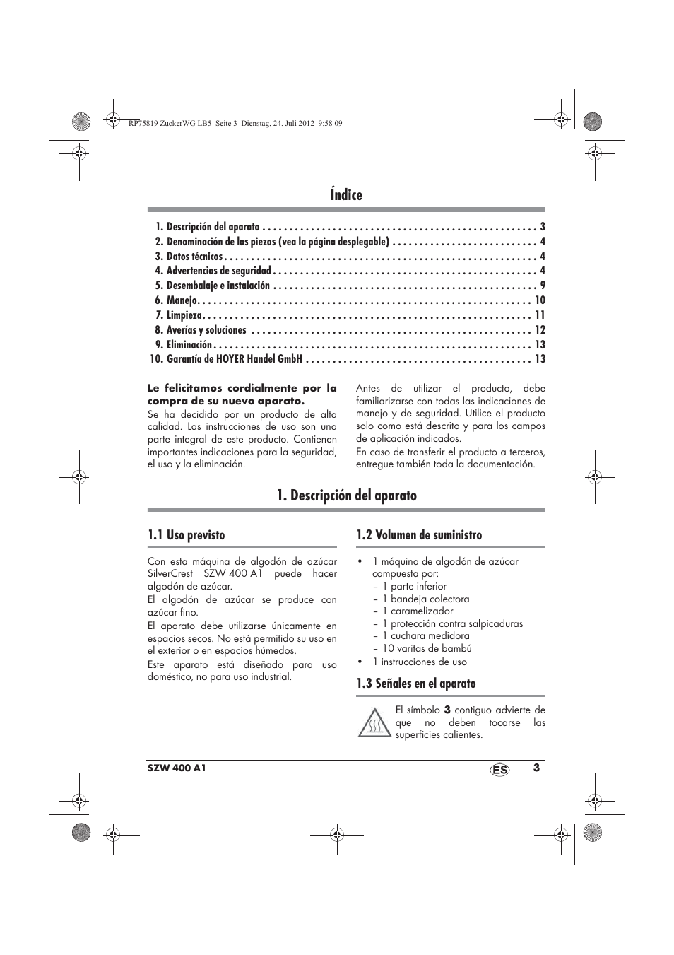 Índice, Descripción del aparato | Silvercrest SZW 400 A1 User Manual | Page 5 / 66