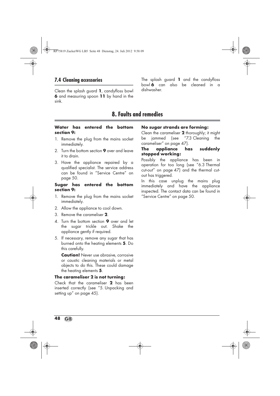 Faults and remedies, 4 cleaning accessories | Silvercrest SZW 400 A1 User Manual | Page 50 / 66