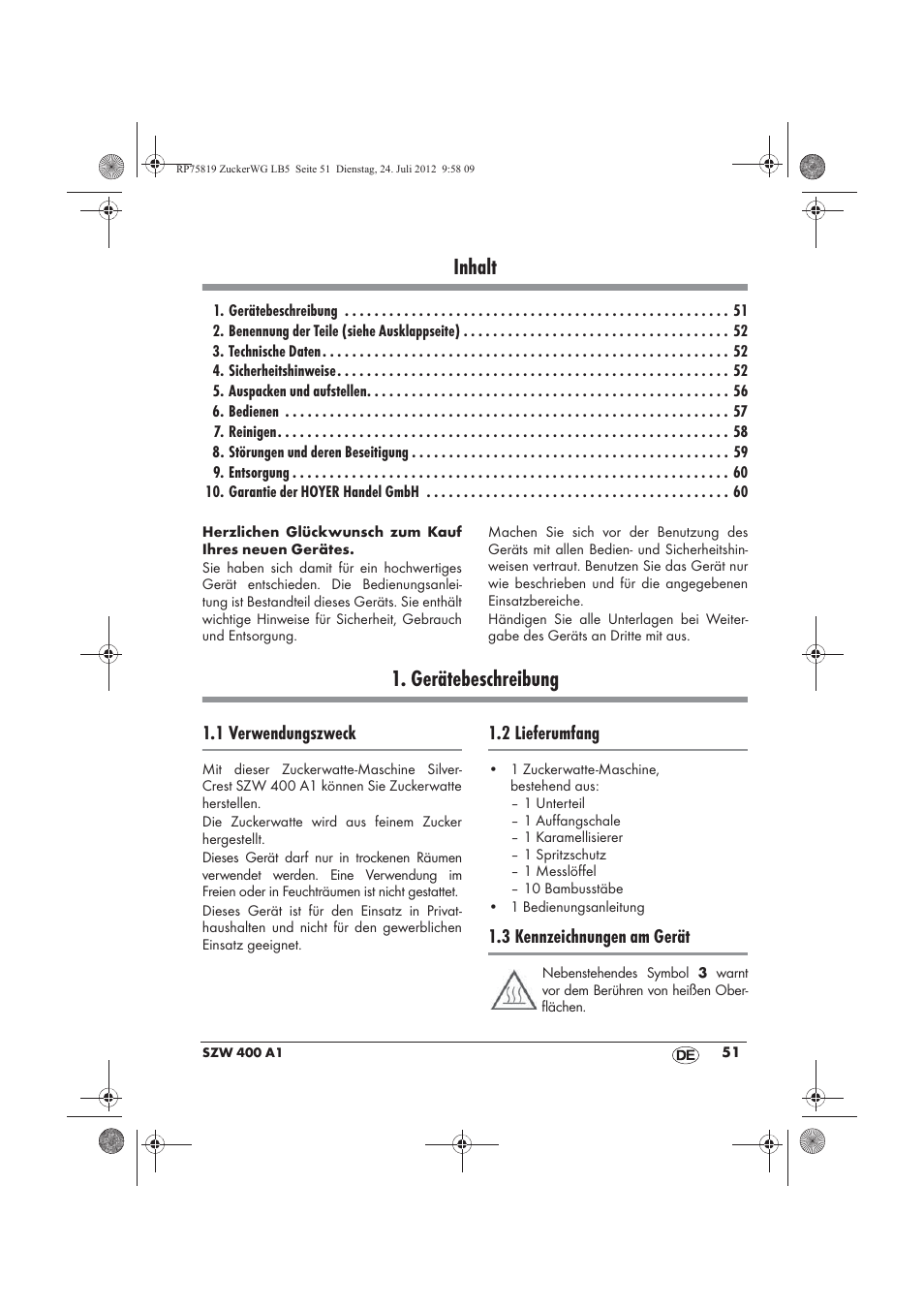 Inhalt, Gerätebeschreibung | Silvercrest SZW 400 A1 User Manual | Page 53 / 66