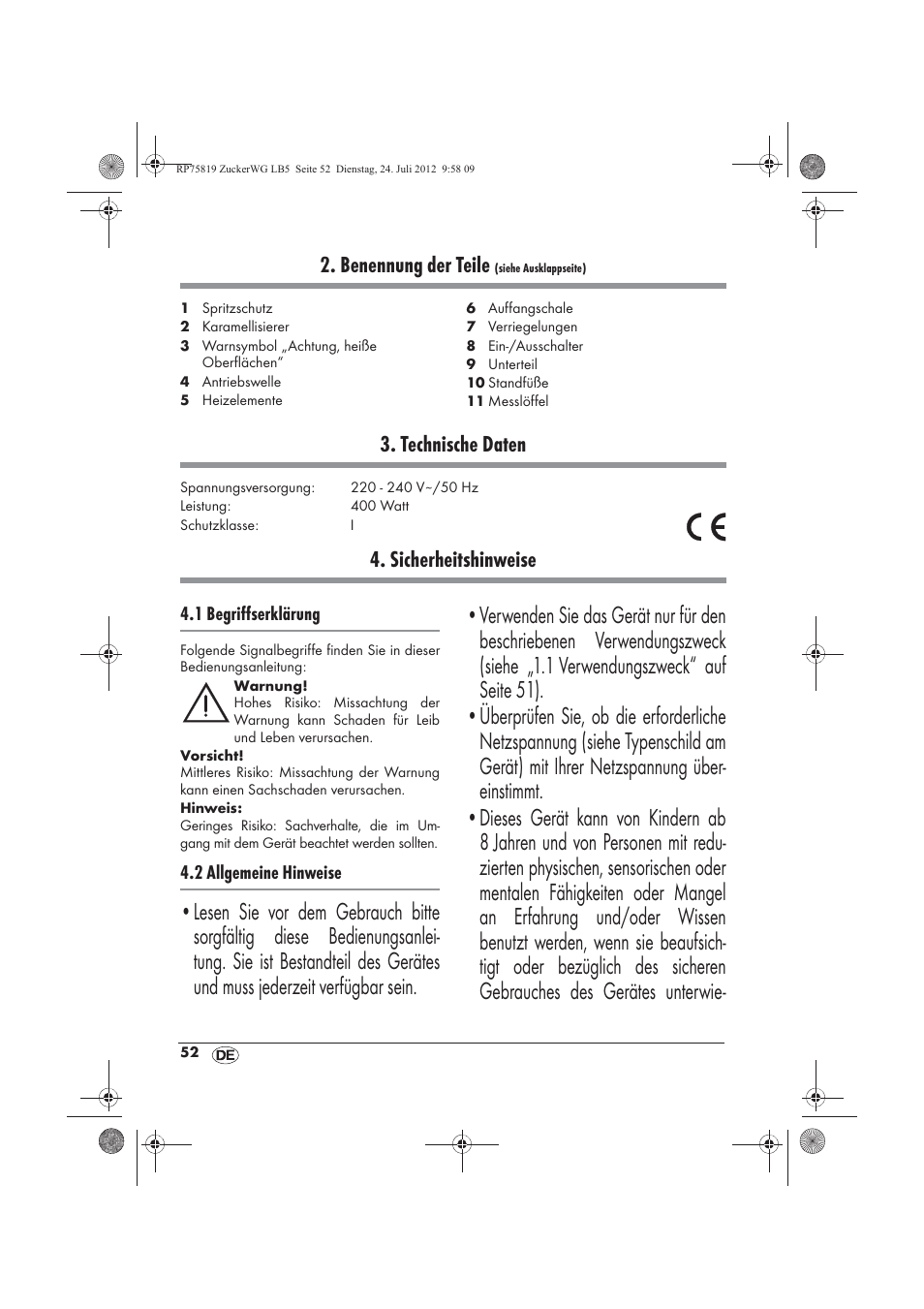 Benennung der teile, Technische daten, Sicherheitshinweise | Silvercrest SZW 400 A1 User Manual | Page 54 / 66