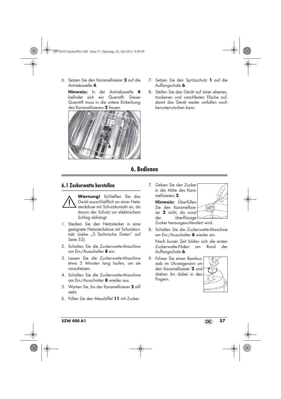 Bedienen, 1 zuckerwatte herstellen | Silvercrest SZW 400 A1 User Manual | Page 59 / 66