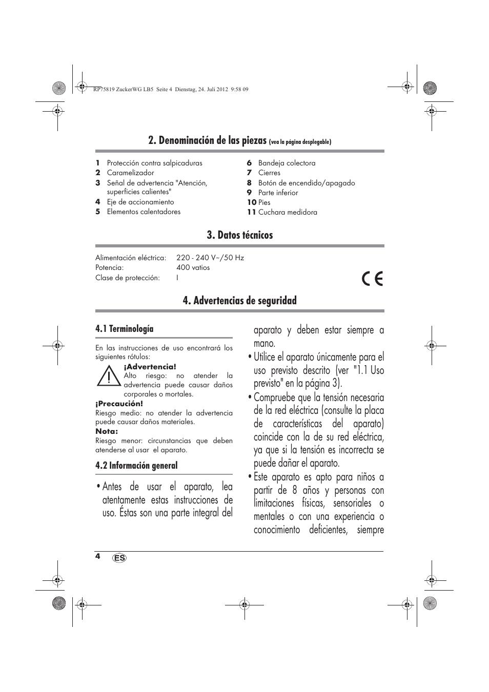 Denominación de las piezas, Datos técnicos, Advertencias de seguridad | Silvercrest SZW 400 A1 User Manual | Page 6 / 66