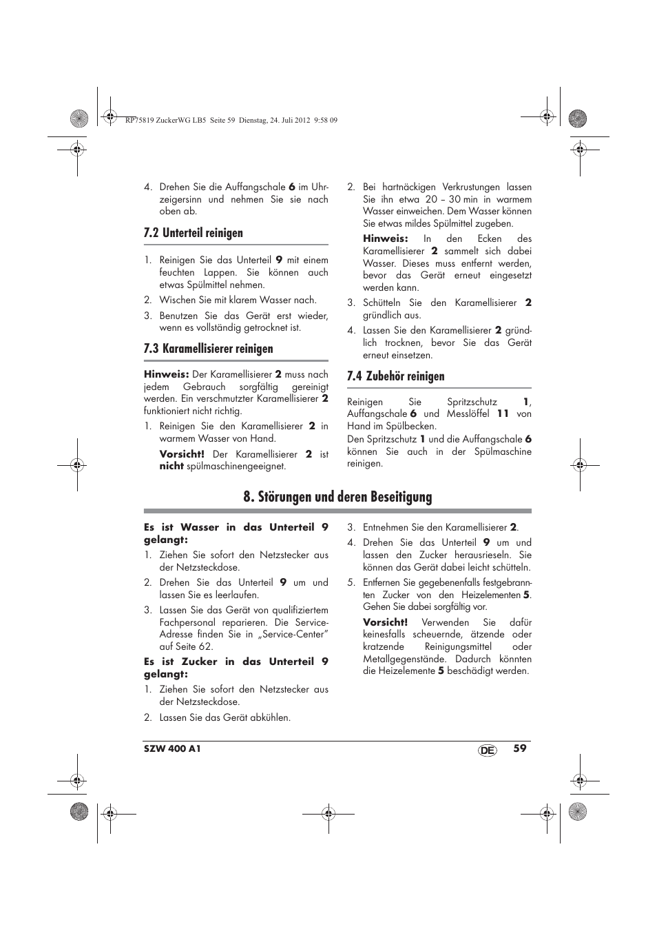 Störungen und deren beseitigung, 2 unterteil reinigen, 3 karamellisierer reinigen | 4 zubehör reinigen | Silvercrest SZW 400 A1 User Manual | Page 61 / 66