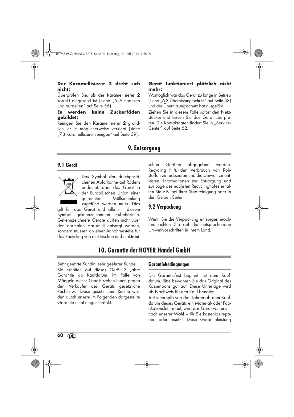 Entsorgung, Garantie der hoyer handel gmbh | Silvercrest SZW 400 A1 User Manual | Page 62 / 66