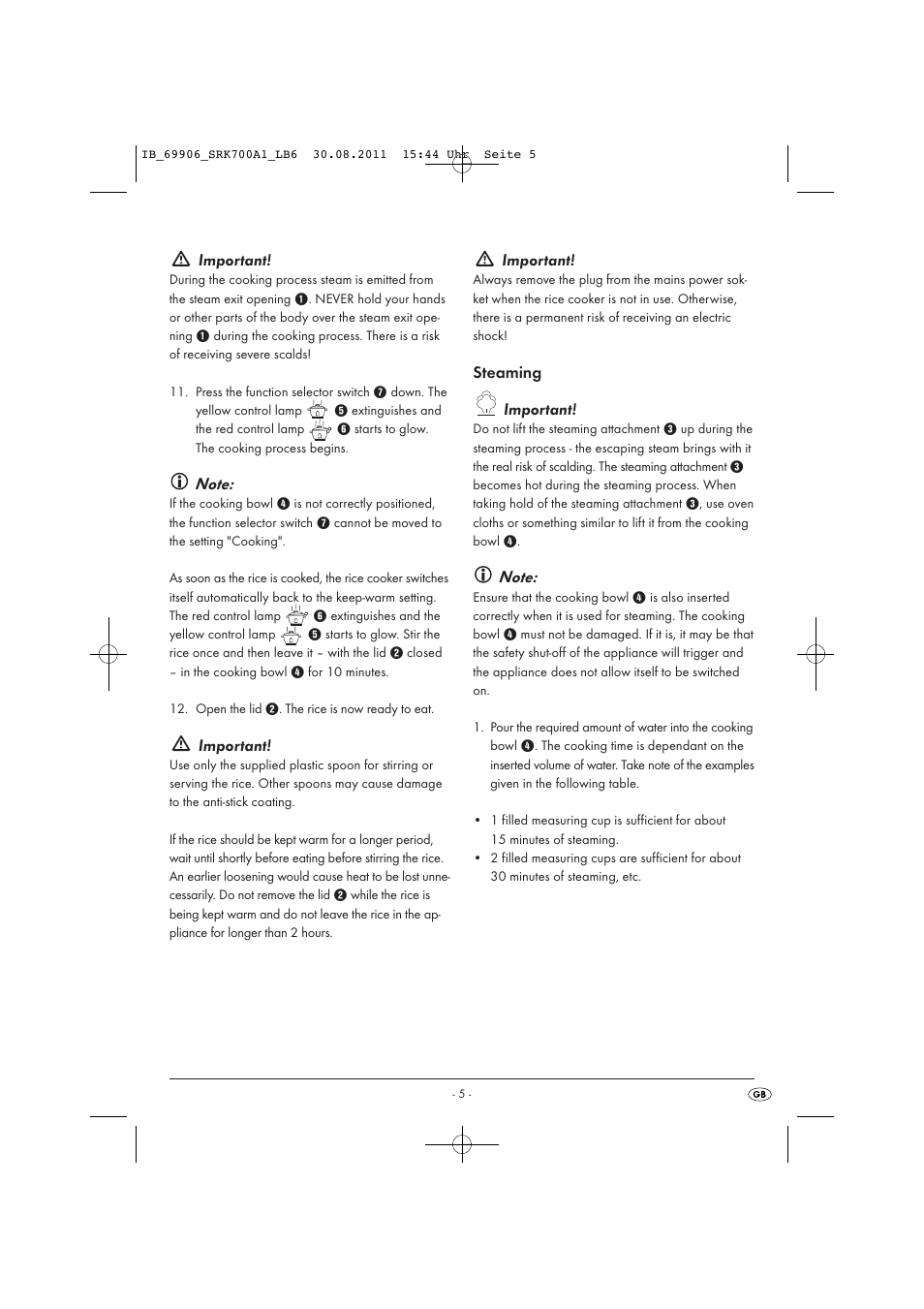 Important, Steaming important | Silvercrest SRK 700 A1 User Manual | Page 7 / 18