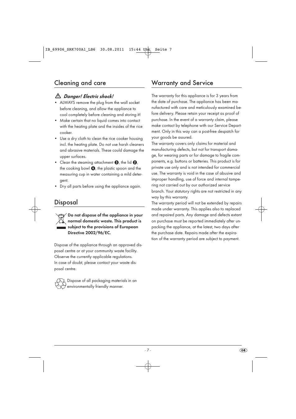Cleaning and care, Disposal, Warranty and service | Silvercrest SRK 700 A1 User Manual | Page 9 / 18