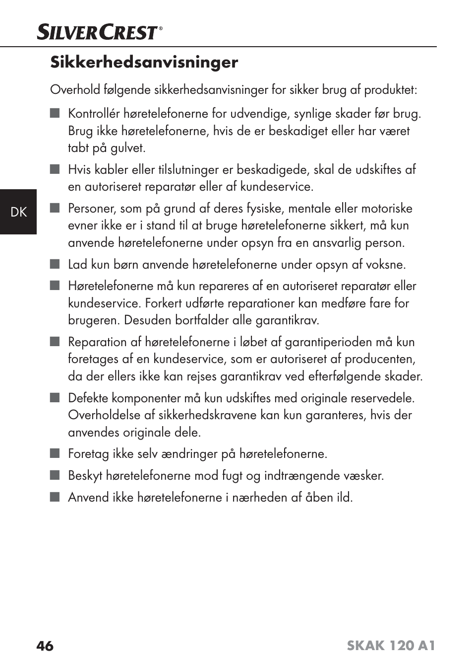 Sikkerhedsanvisninger | Silvercrest SKAK 120 A1 User Manual | Page 49 / 101