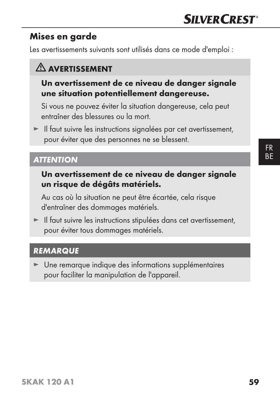 Mises en garde | Silvercrest SKAK 120 A1 User Manual | Page 62 / 101