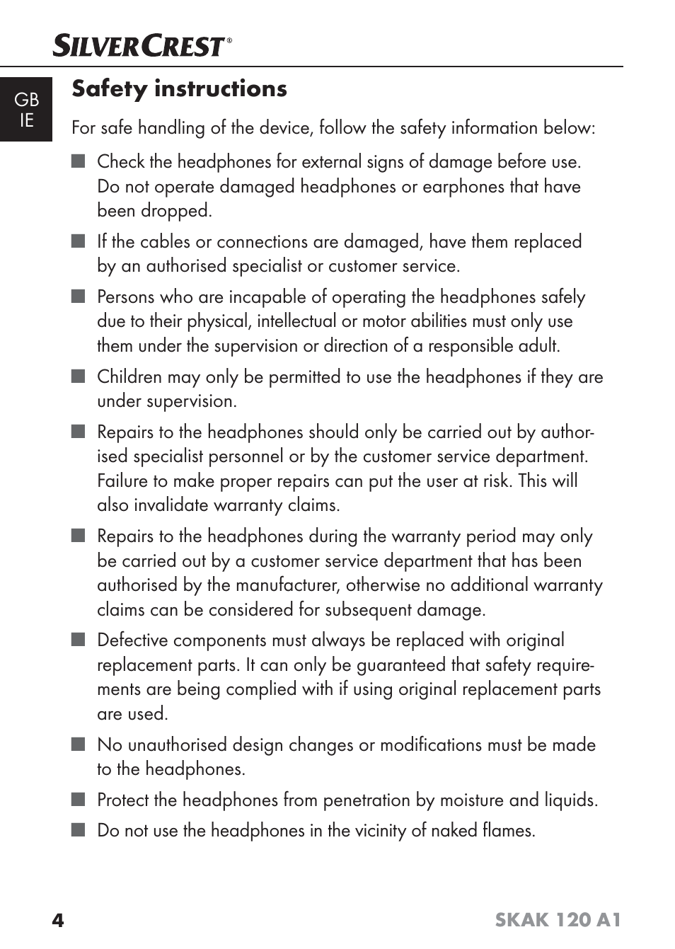 Safety instructions | Silvercrest SKAK 120 A1 User Manual | Page 7 / 101