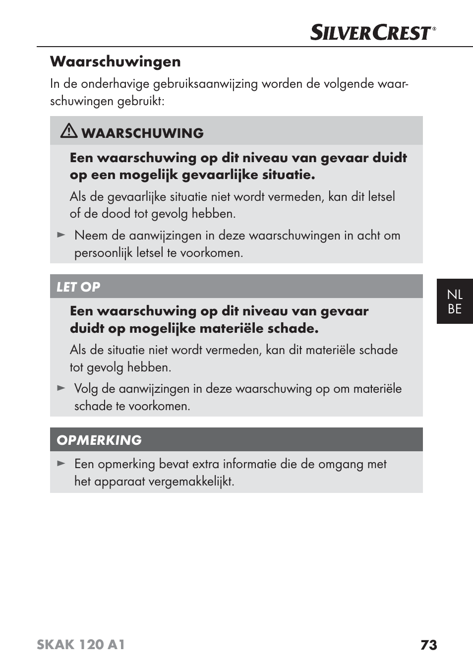 Waarschuwingen | Silvercrest SKAK 120 A1 User Manual | Page 76 / 101