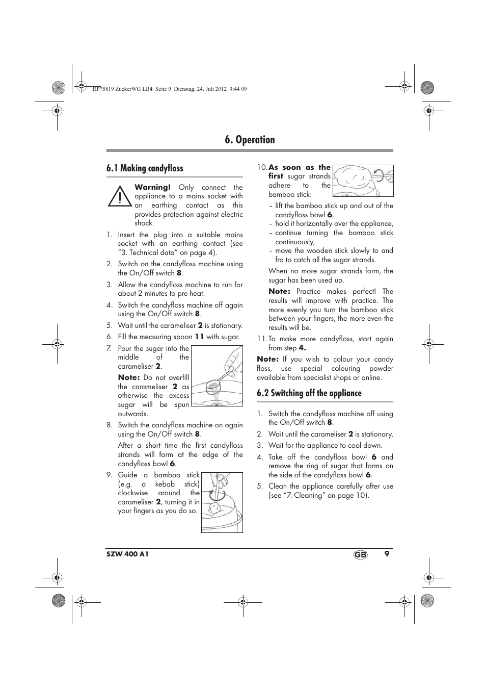 Operation, 1 making candyfloss, 2 switching off the appliance | Silvercrest SZW 400 A1 User Manual | Page 11 / 86