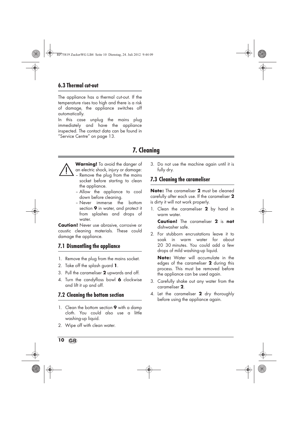 Cleaning, 3 thermal cut-out, 1 dismantling the appliance | 3 cleaning the carameliser | Silvercrest SZW 400 A1 User Manual | Page 12 / 86