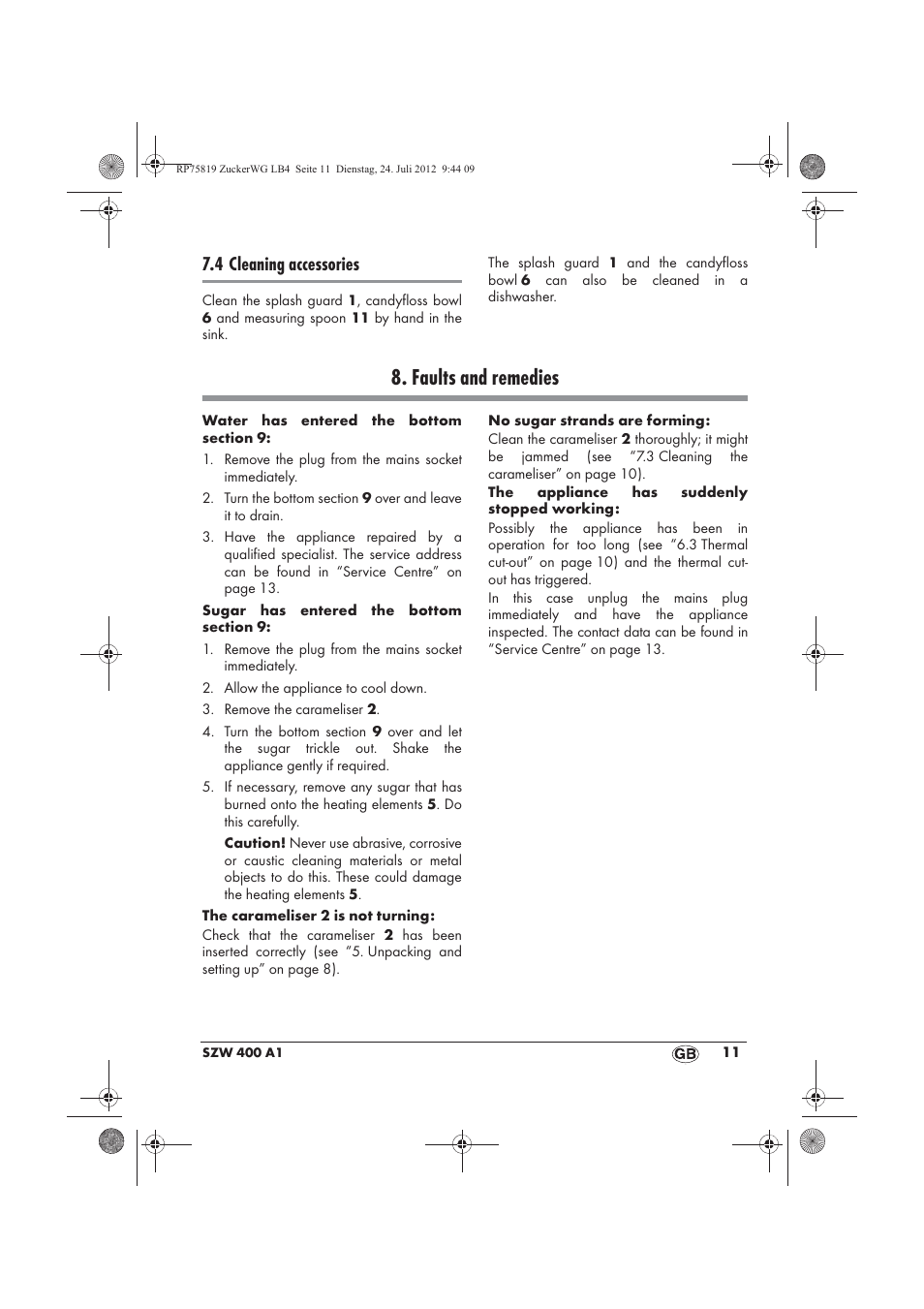 Faults and remedies, 4 cleaning accessories | Silvercrest SZW 400 A1 User Manual | Page 13 / 86