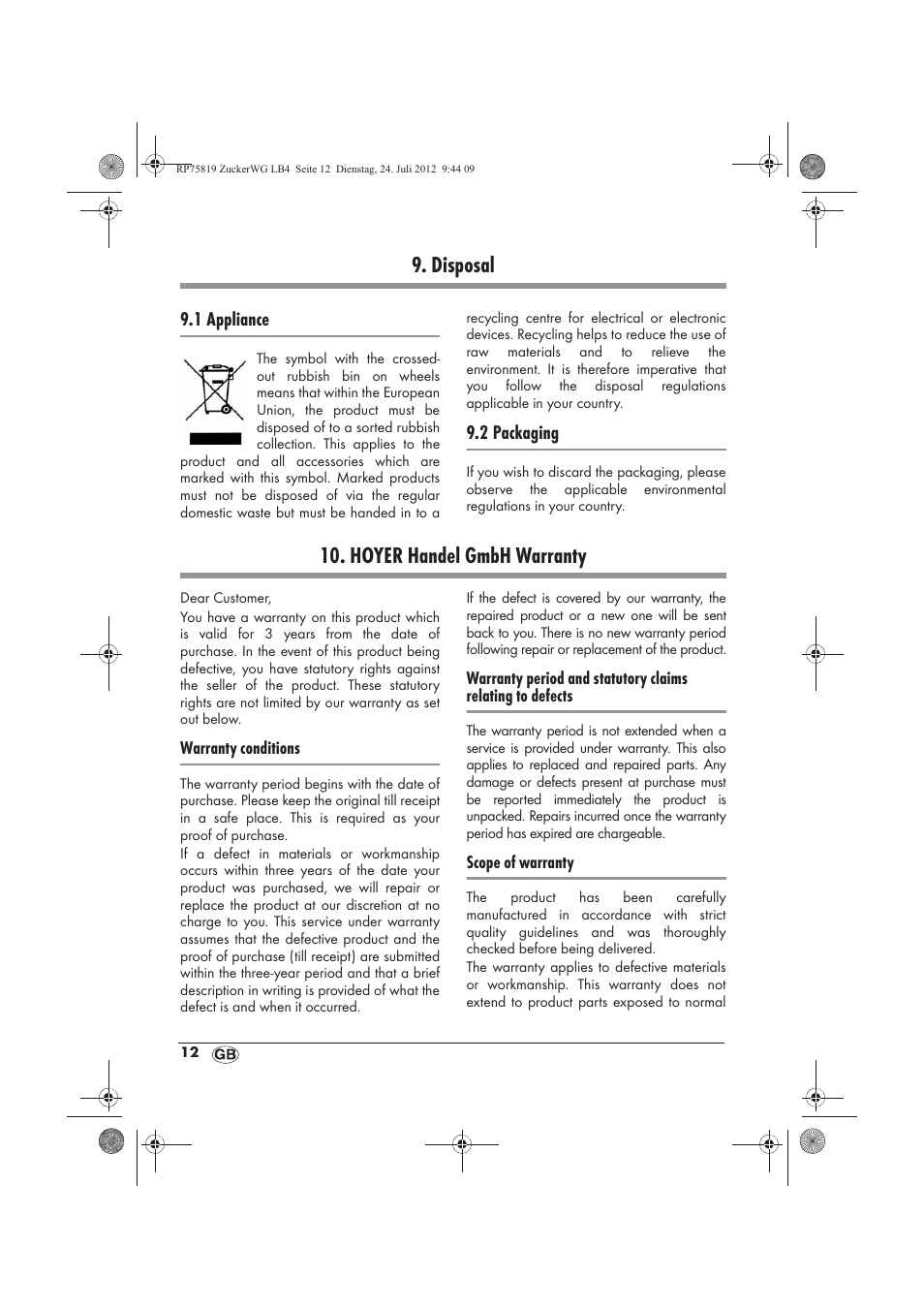 Disposal, Hoyer handel gmbh warranty | Silvercrest SZW 400 A1 User Manual | Page 14 / 86