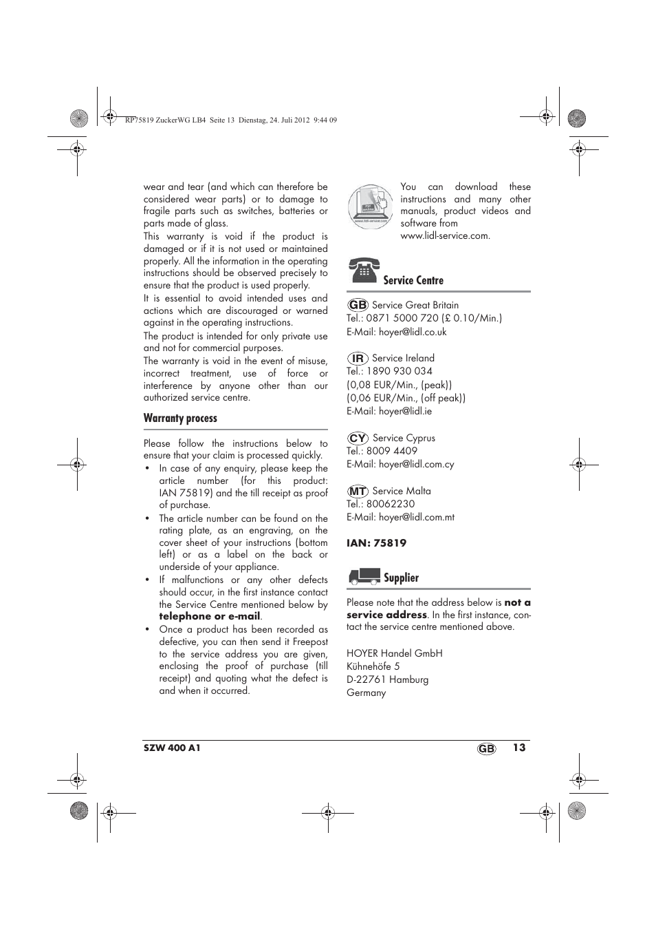 Warranty process, Service centre, Supplier | Silvercrest SZW 400 A1 User Manual | Page 15 / 86