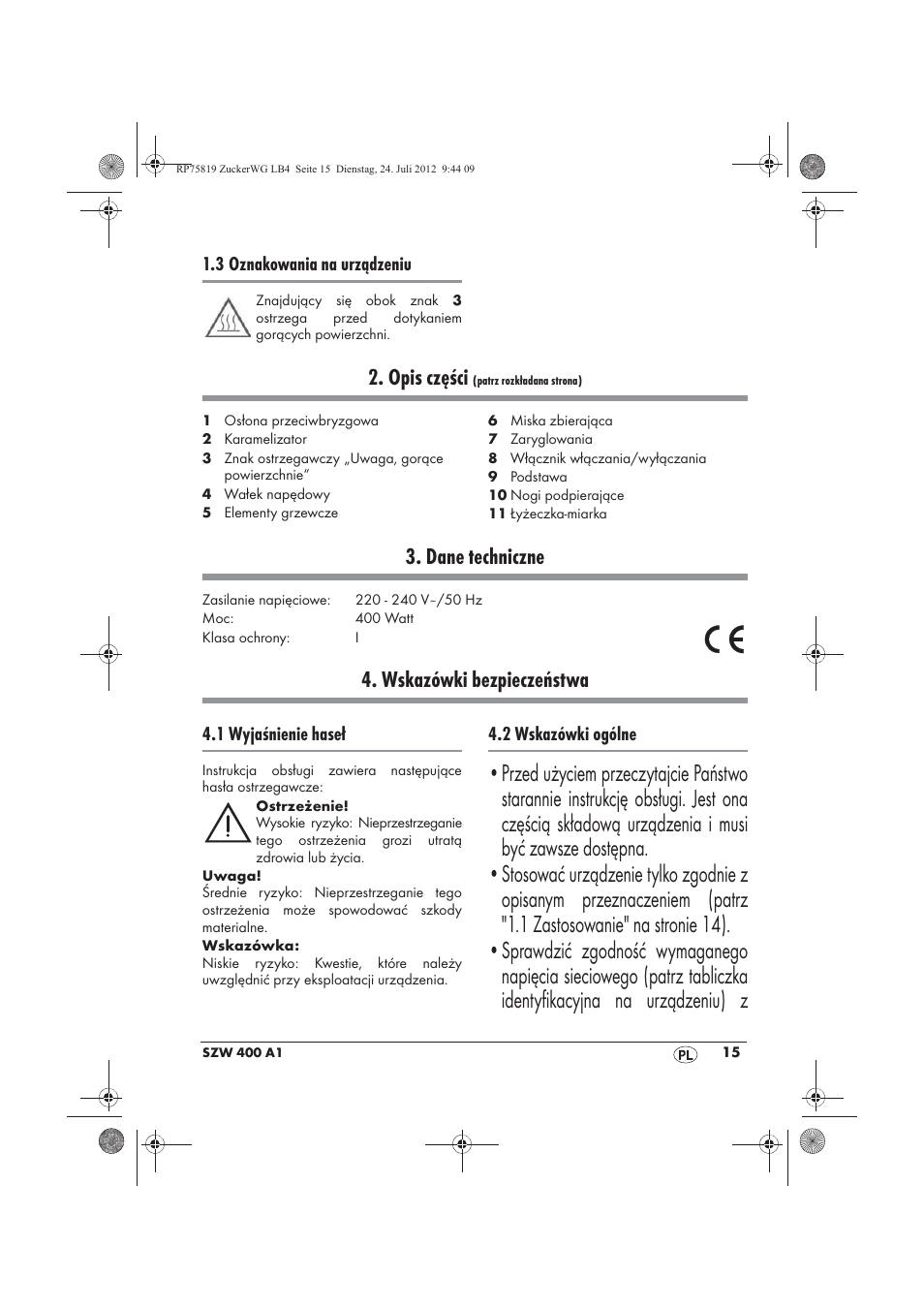 Opis części, Dane techniczne, Wskazówki bezpieczeństwa | Silvercrest SZW 400 A1 User Manual | Page 17 / 86