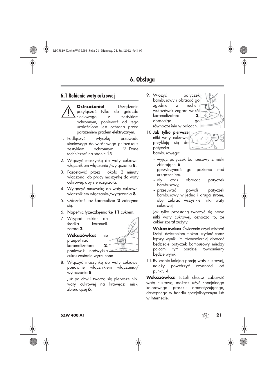 Obsługa, 1 robienie waty cukrowej | Silvercrest SZW 400 A1 User Manual | Page 23 / 86