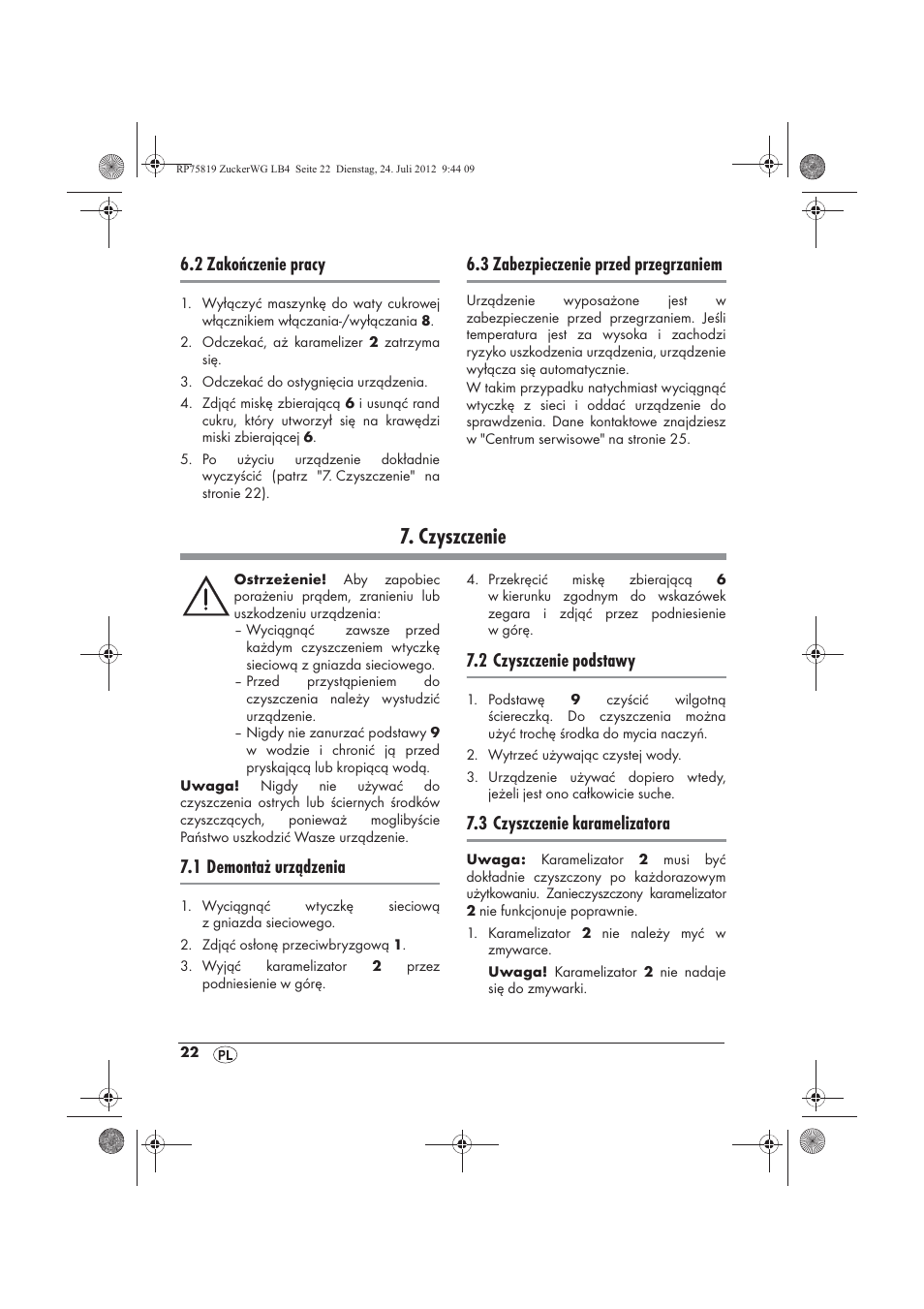 Czyszczenie, 2 zakończenie pracy, 3 zabezpieczenie przed przegrzaniem | 1 demontaż urządzenia, 2 czyszczenie podstawy, 3 czyszczenie karamelizatora | Silvercrest SZW 400 A1 User Manual | Page 24 / 86