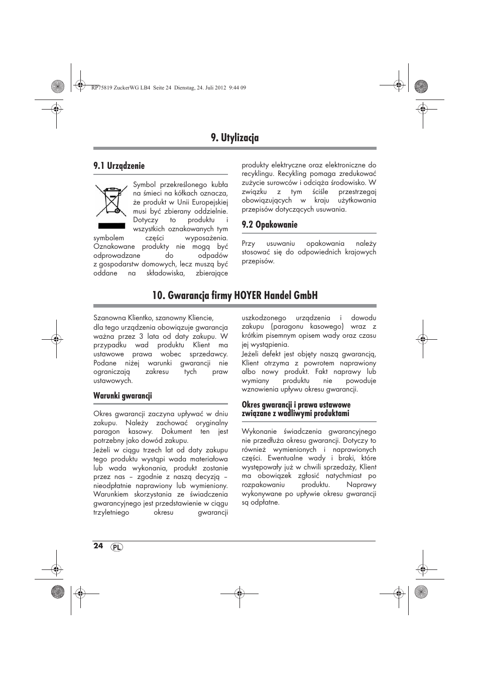 Utylizacja, Gwarancja firmy hoyer handel gmbh | Silvercrest SZW 400 A1 User Manual | Page 26 / 86