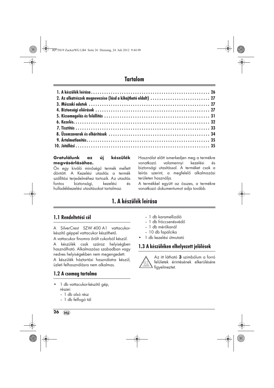 Tartalom, A készülék leírása | Silvercrest SZW 400 A1 User Manual | Page 28 / 86