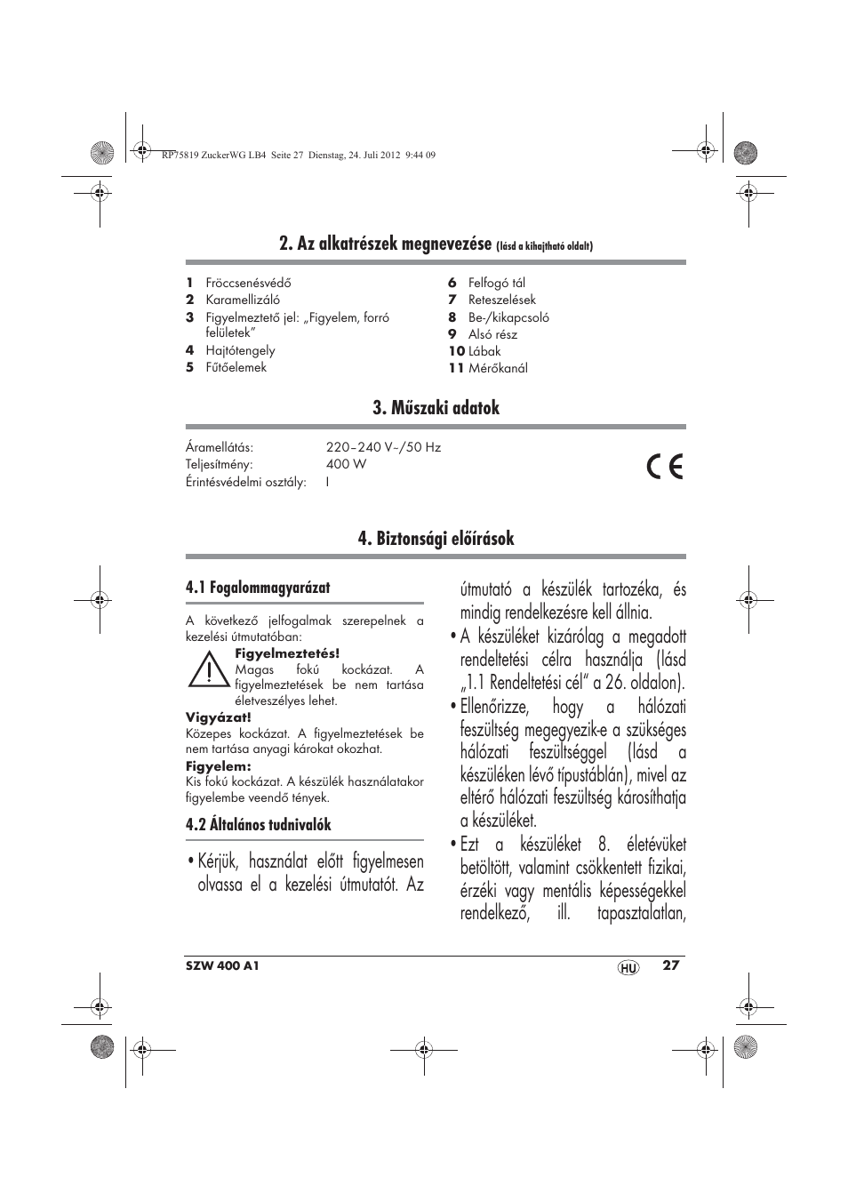 Az alkatrészek megnevezése, Műszaki adatok, Biztonsági előírások | Silvercrest SZW 400 A1 User Manual | Page 29 / 86