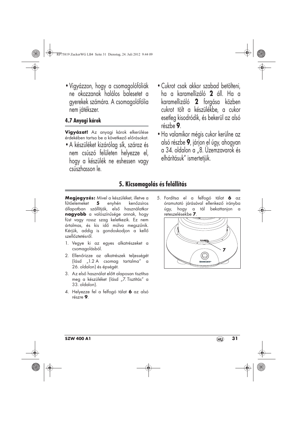 Kicsomagolás és felállítás | Silvercrest SZW 400 A1 User Manual | Page 33 / 86