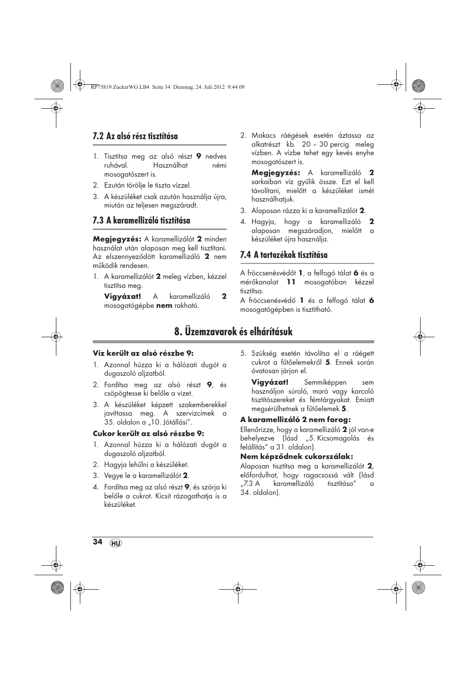 Üzemzavarok és elhárításuk, 2 az alsó rész tisztítása, 3 a karamellizáló tisztítása | 4 a tartozékok tisztítása | Silvercrest SZW 400 A1 User Manual | Page 36 / 86