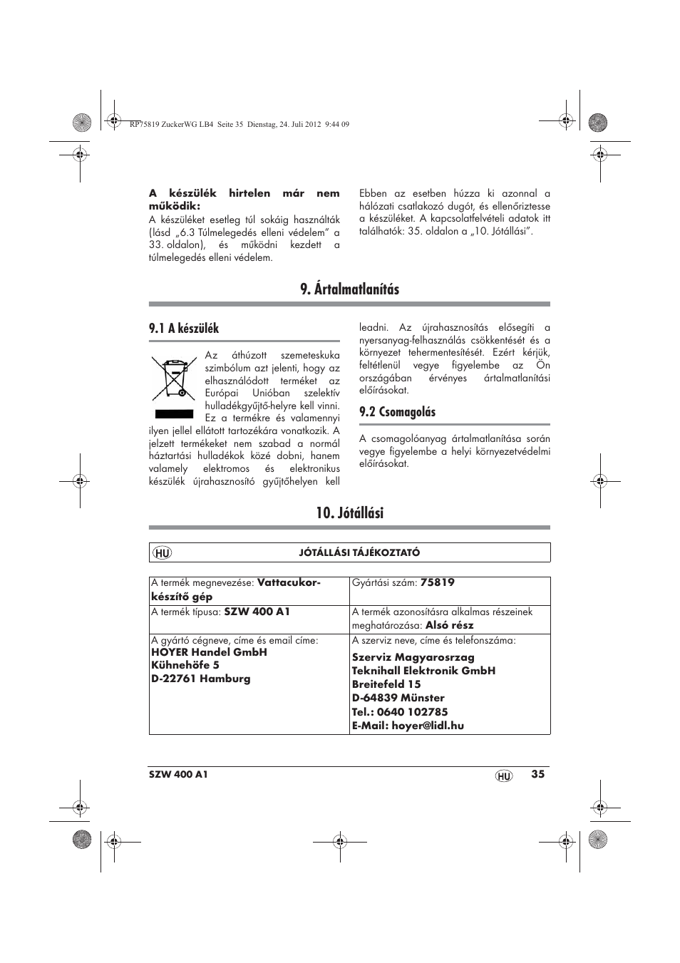 Ártalmatlanítás, Jótállási, 1 a készülék | 2 csomagolás | Silvercrest SZW 400 A1 User Manual | Page 37 / 86