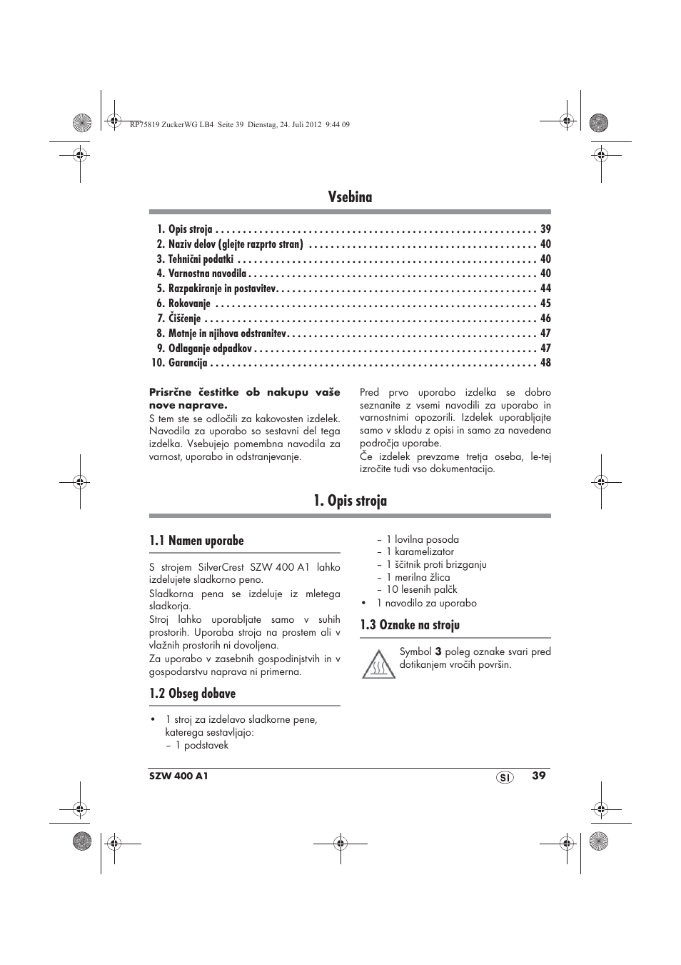 Vsebina, Opis stroja | Silvercrest SZW 400 A1 User Manual | Page 41 / 86