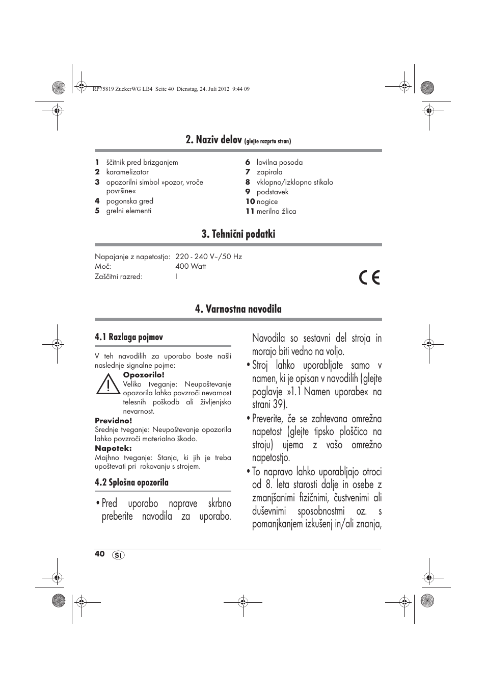 Naziv delov, Tehnični podatki, Varnostna navodila | Silvercrest SZW 400 A1 User Manual | Page 42 / 86