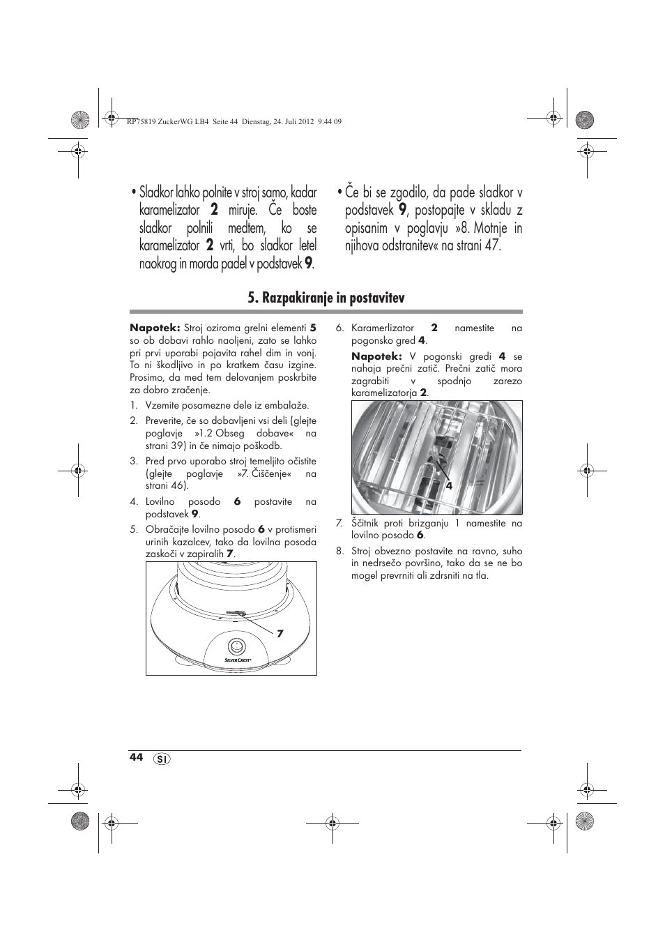 Razpakiranje in postavitev | Silvercrest SZW 400 A1 User Manual | Page 46 / 86