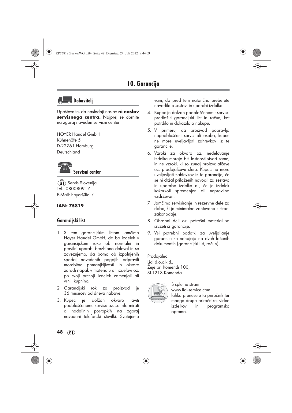 Garancija, Dobavitelj, Servisni center | Garancijski list | Silvercrest SZW 400 A1 User Manual | Page 50 / 86