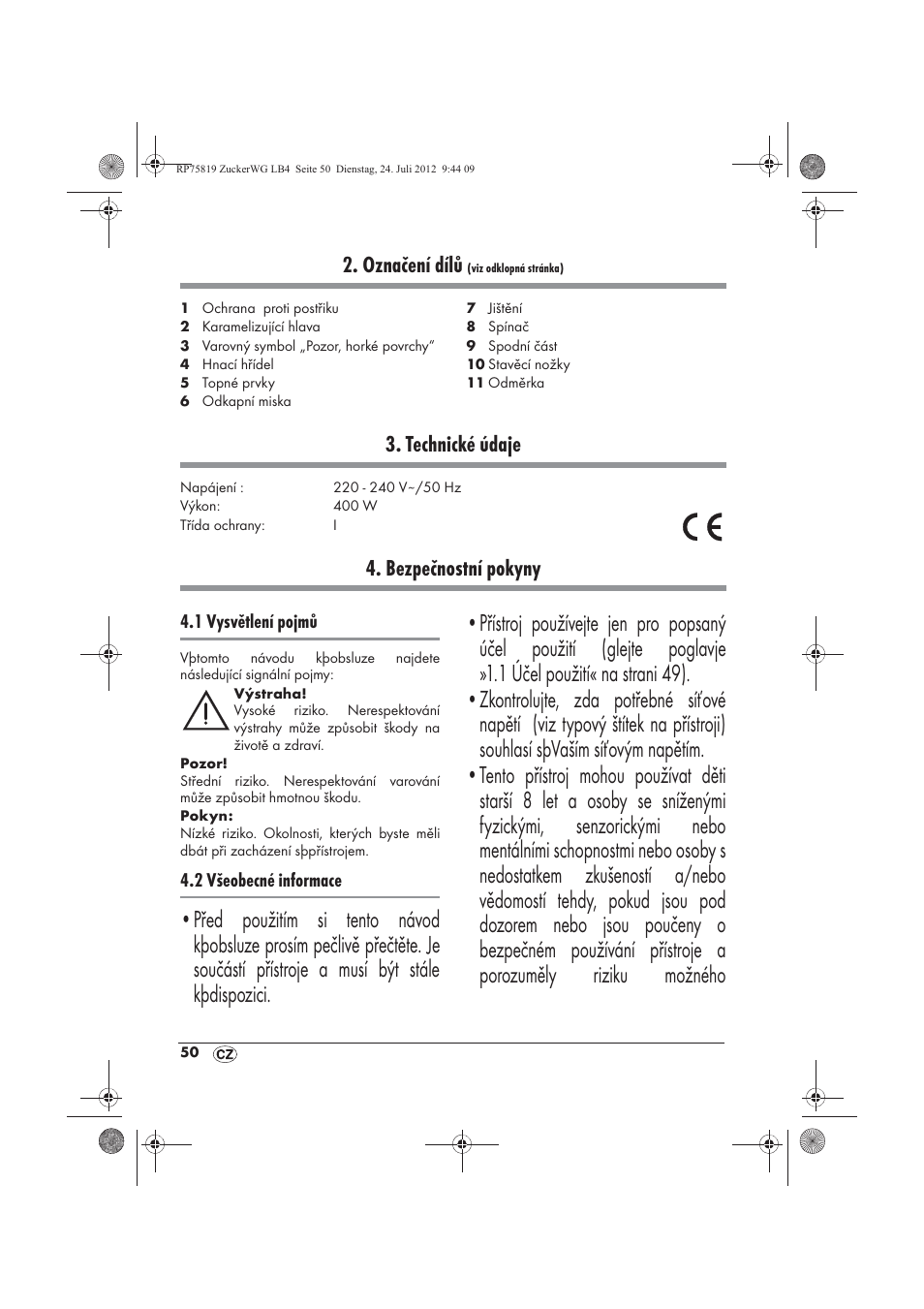 Označení dílů, Technické údaje, Bezpečnostní pokyny | Silvercrest SZW 400 A1 User Manual | Page 52 / 86