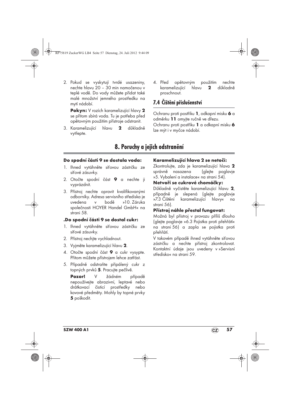 Poruchy a jejich odstranění, 4 čištění příslušenství | Silvercrest SZW 400 A1 User Manual | Page 59 / 86