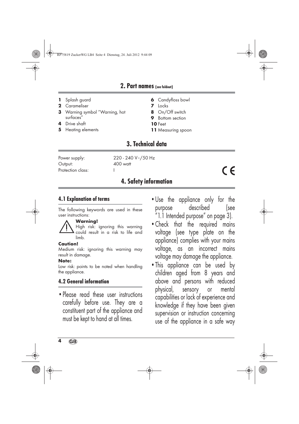 Part names, Technical data, Safety information | Silvercrest SZW 400 A1 User Manual | Page 6 / 86