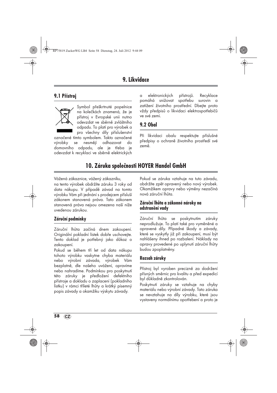 Likvidace, Záruka společnosti hoyer handel gmbh | Silvercrest SZW 400 A1 User Manual | Page 60 / 86