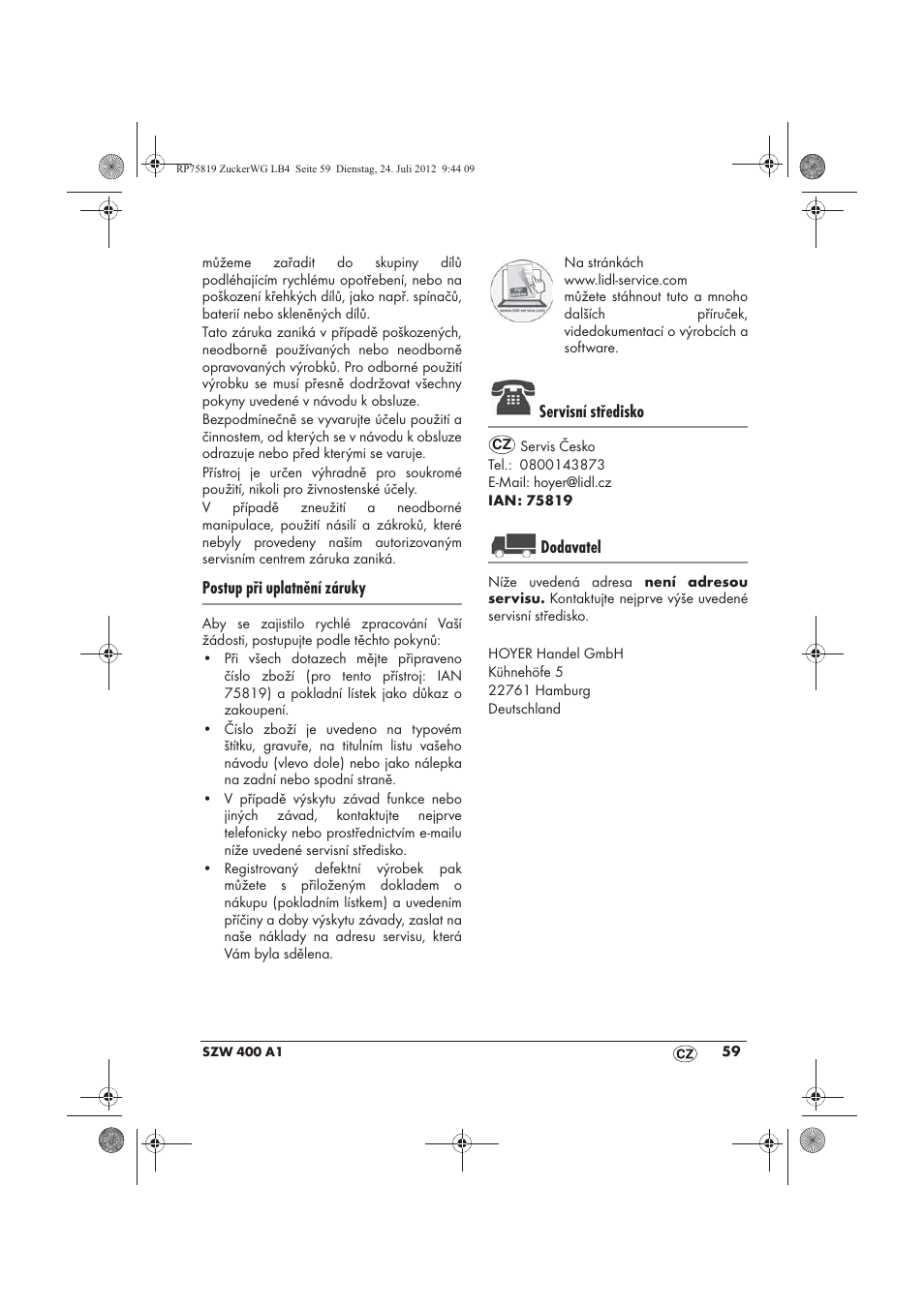 Postup při uplatnění záruky, Servisní středisko, Dodavatel | Silvercrest SZW 400 A1 User Manual | Page 61 / 86