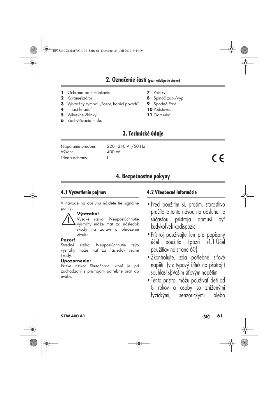 Označenie častí, Technické údaje, Bezpečnostné pokyny | Silvercrest SZW 400 A1 User Manual | Page 63 / 86