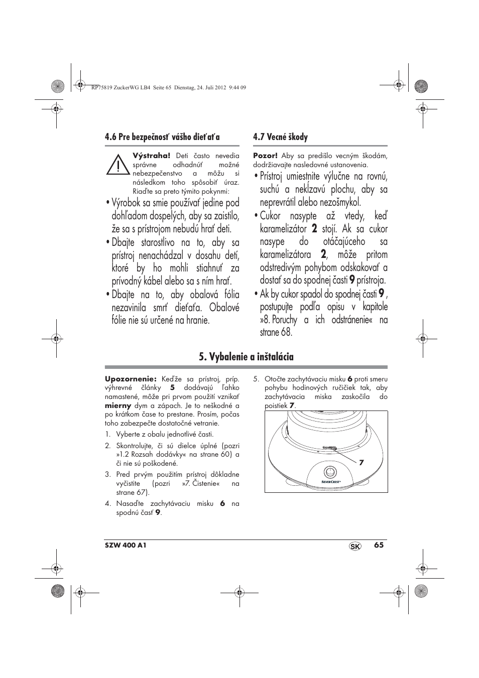 Vybalenie a inštalácia | Silvercrest SZW 400 A1 User Manual | Page 67 / 86