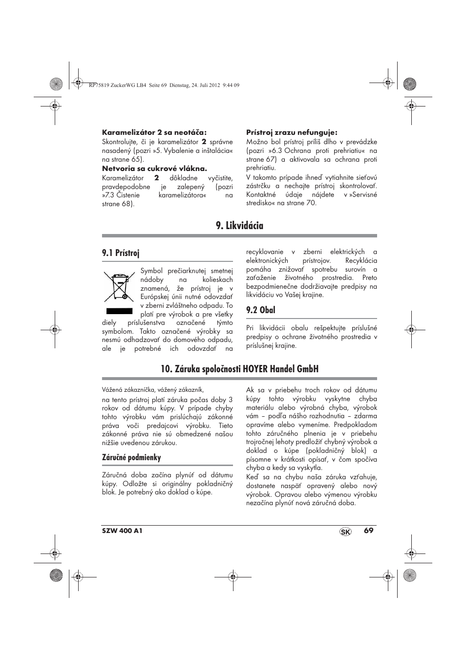 Likvidácia, Záruka spoločnosti hoyer handel gmbh, 1 prístroj | 2 obal | Silvercrest SZW 400 A1 User Manual | Page 71 / 86