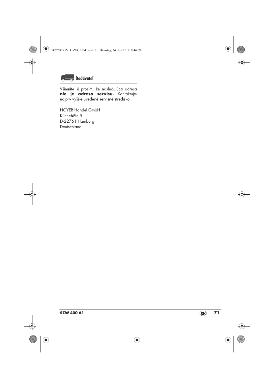 Dodávateľ | Silvercrest SZW 400 A1 User Manual | Page 73 / 86